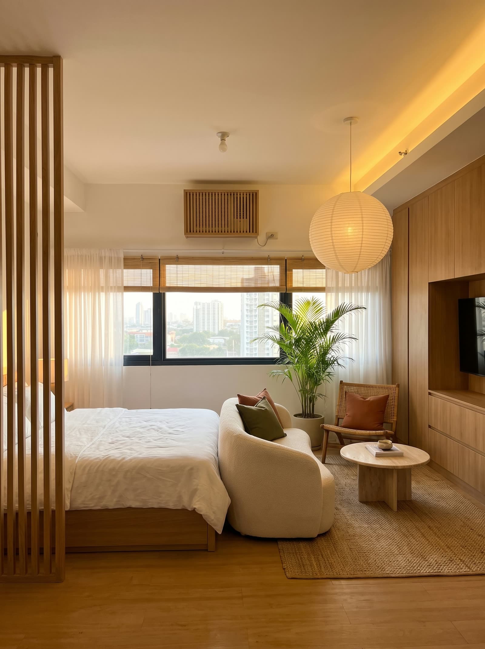 Tropical Japandi condo studio render with platform bed, boucle sofa, and paper lantern pendant