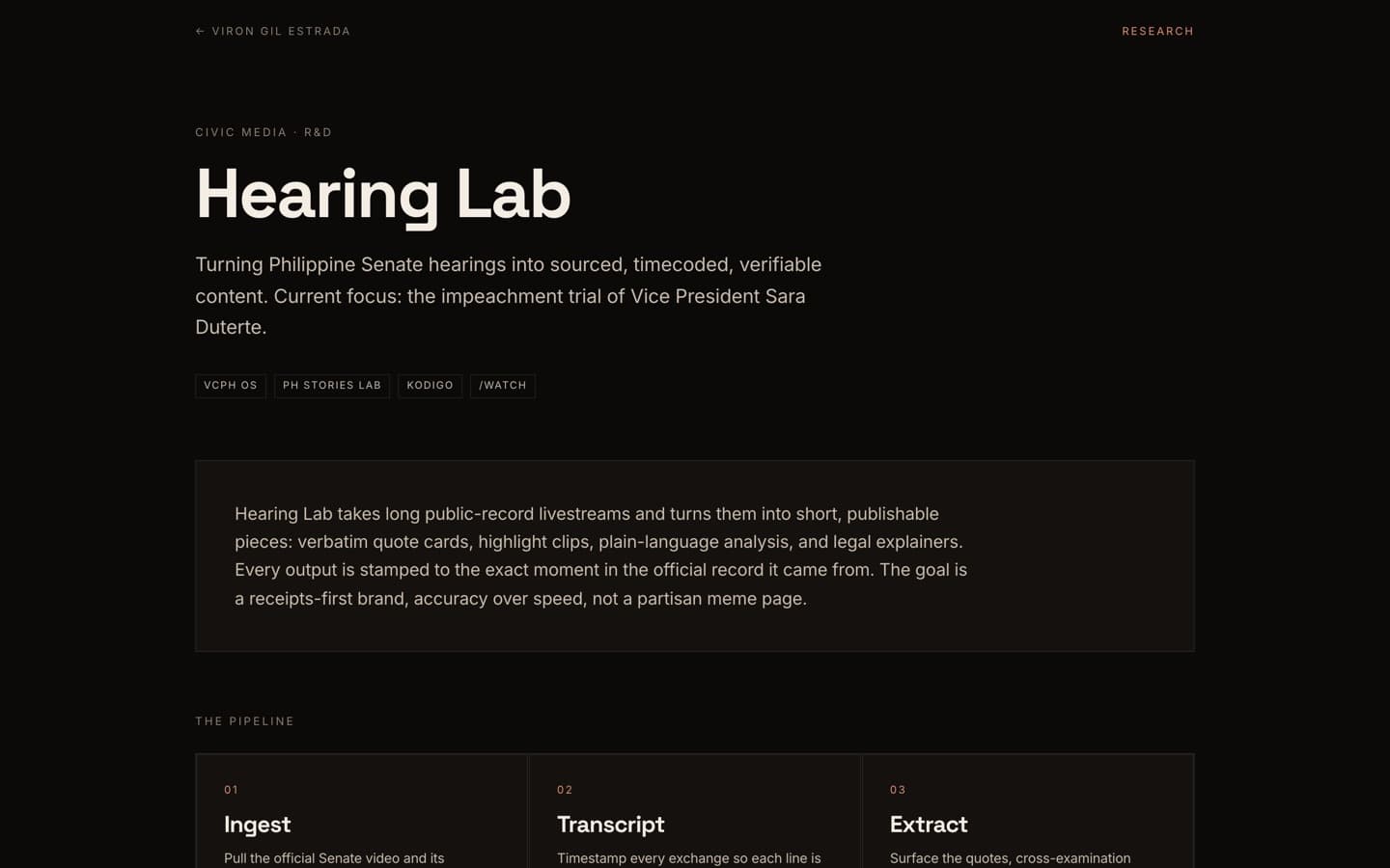 Hearing Lab case page with sourced hearing clips and transcripts