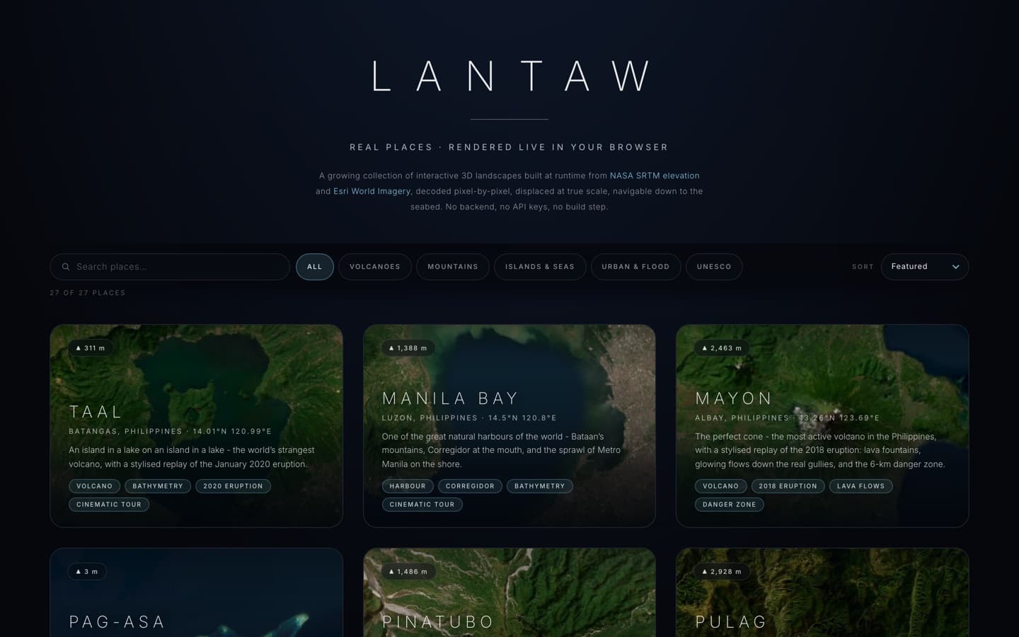 LANTAW project index showing Taal, Manila, and Mayon 3D landscape cards