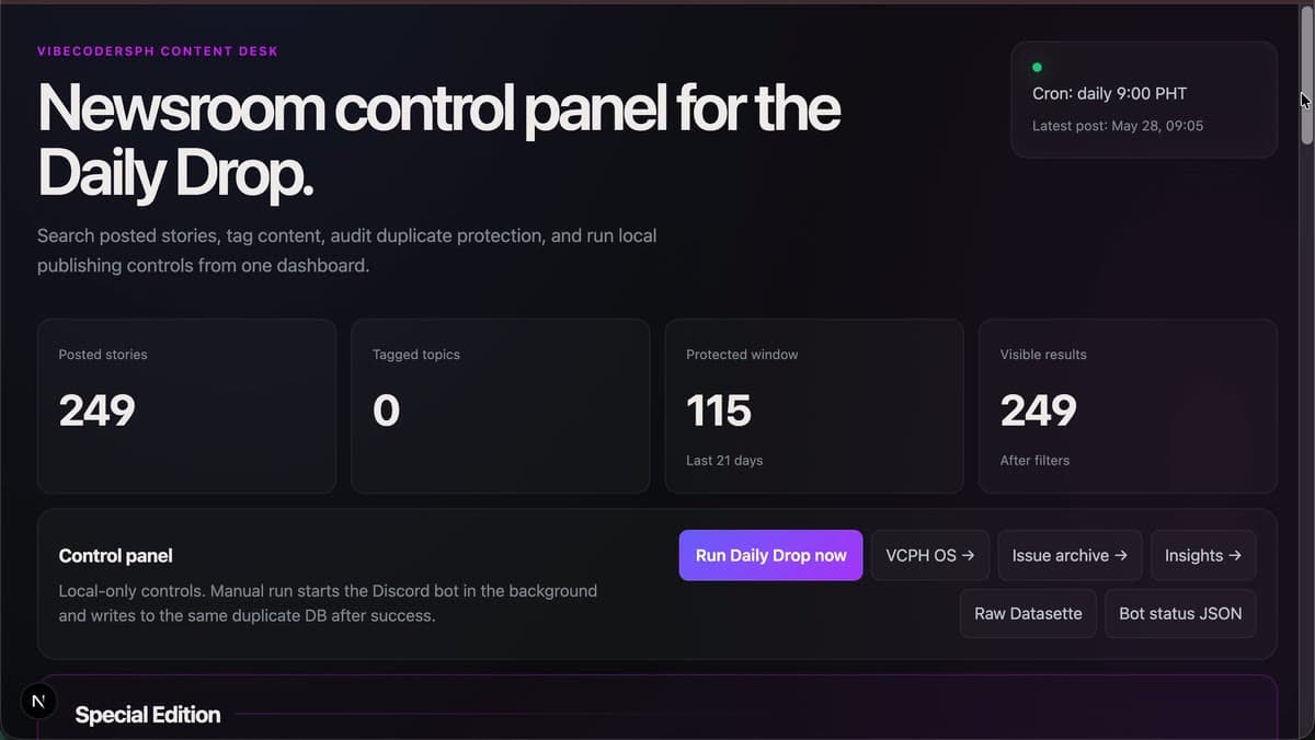 VCPH OS newsroom control panel with story and publishing controls